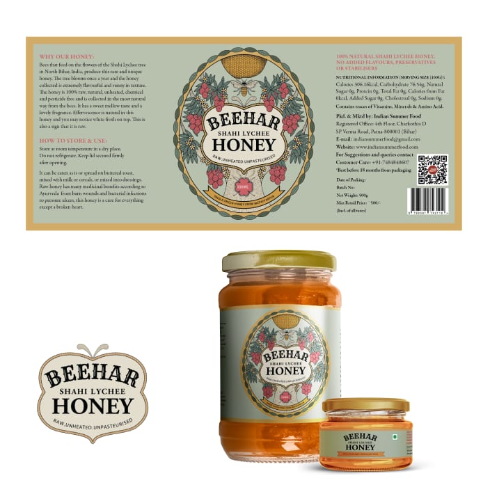 Beehar Shahi Lychee honey label artwork beside the jar range