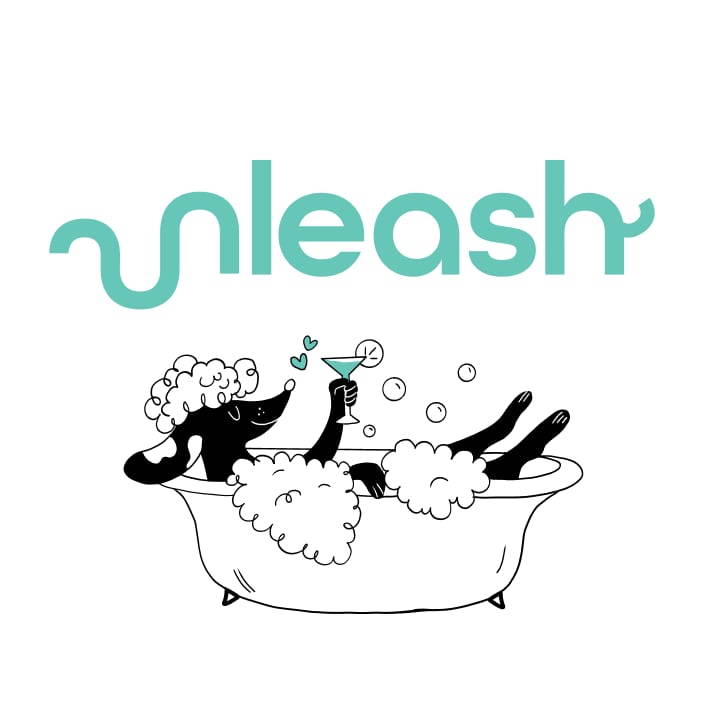 Unleash wordmark above a line illustration of a dog in a bubble bath